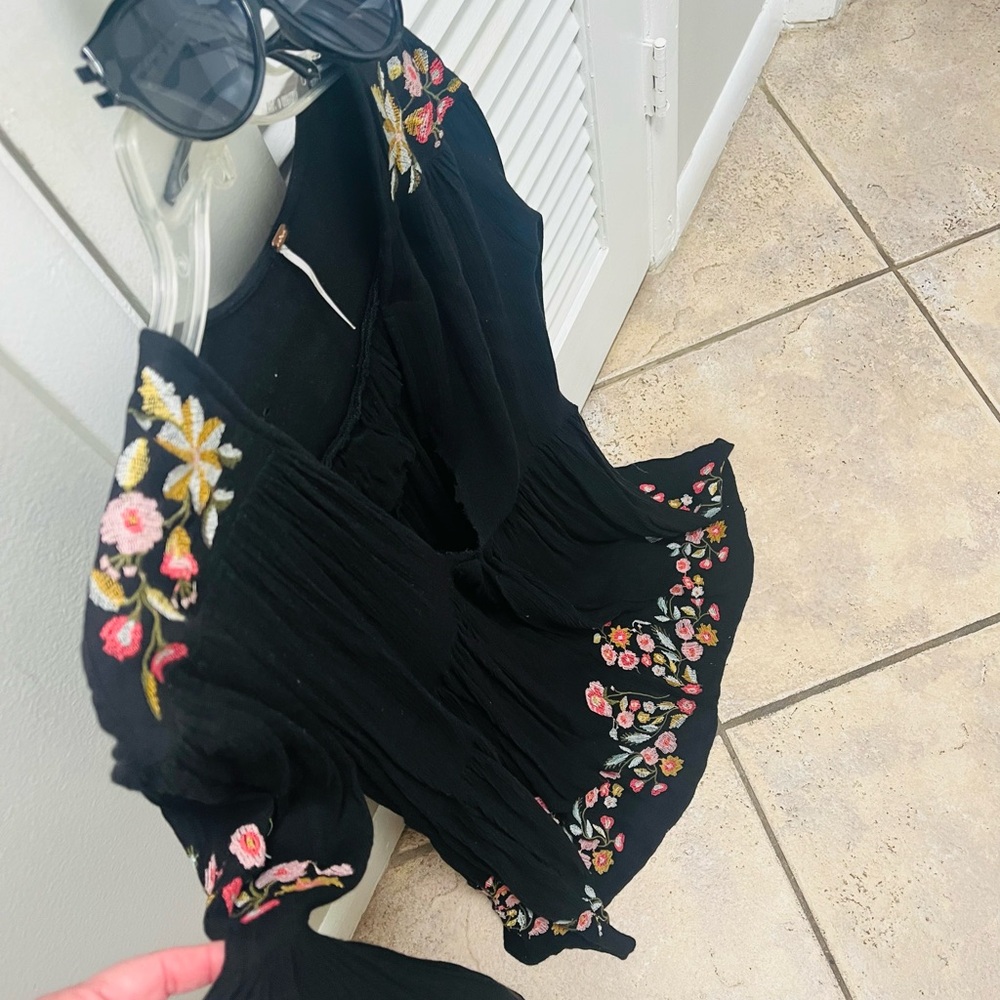 Black Floral Embroidered Peasant Top